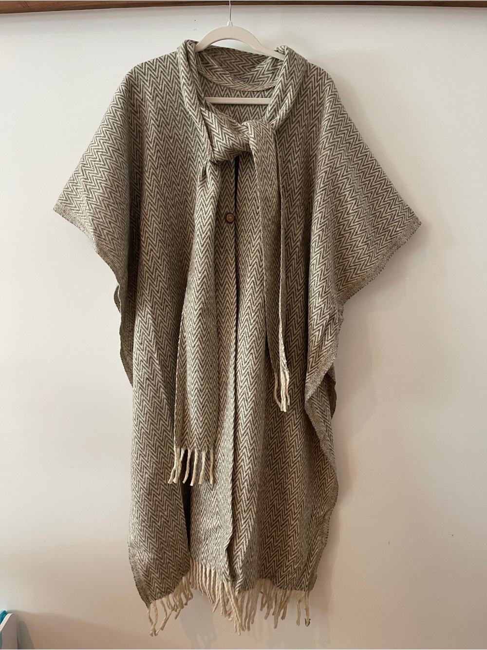 Neutral Chevron Fringe Poncho Cape in Beige